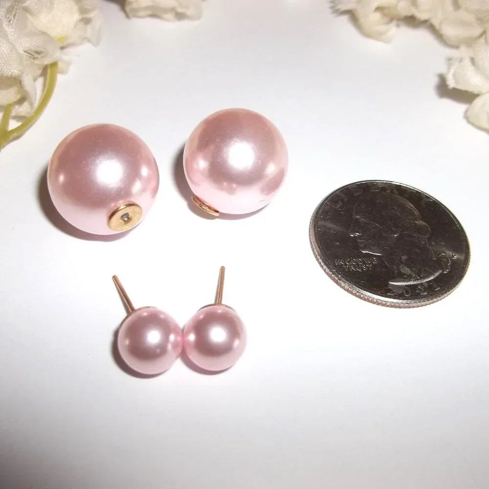 Double Sided Front and Back Earrings Pink Faux Pearl Gold Post Stud Pair C537 - Picture 5 of 6